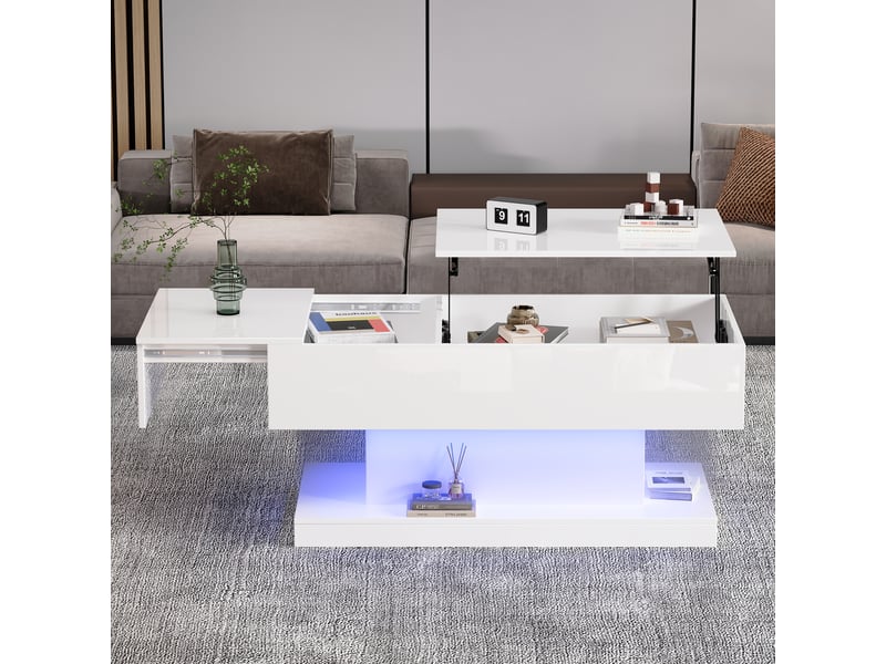  Table basse relevable blanche avec led 100x50x45 cm - plateau coulissant et rangement intégré  - Conforama B