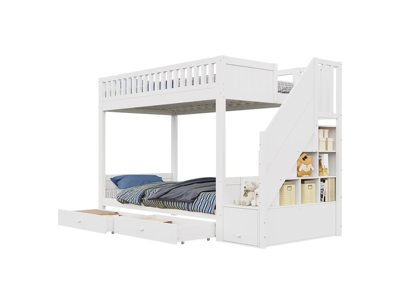  Lit superposé enfant 90x200 cm - avec 2 tiroirs - avec escalier de rangement - avec garde-corps - blanc (sans matelas)  - Conforama A