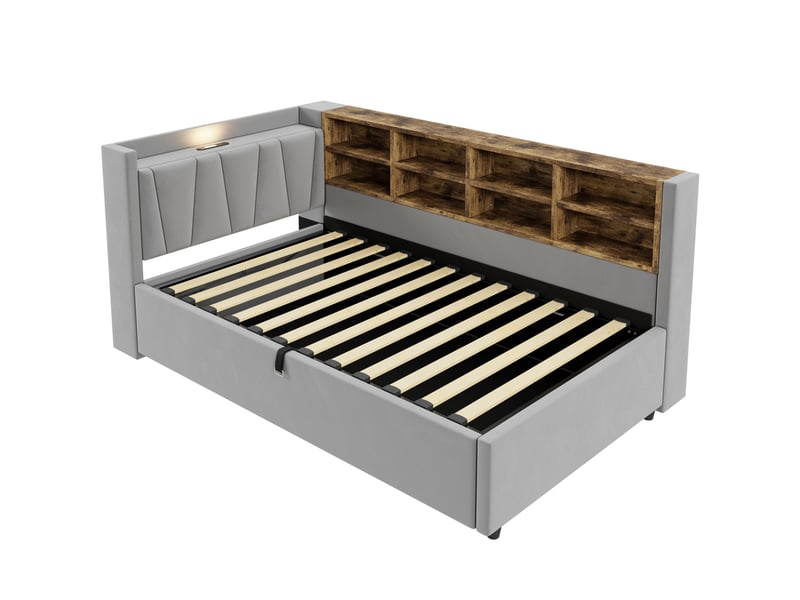  Lit banquette 90x200 cm, lit simple avec rangement, usb-c et veilleuse, gris clair, sans matelas  - Conforama E
