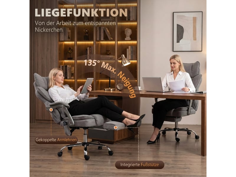 Fauteuil de bureau massant gris, assise large, inclinable à 135 degrés, soutien lombaire, pour travailler et se détendre - Conforama E