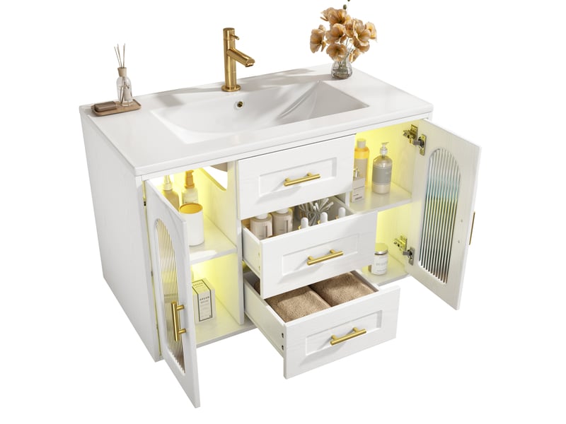  Meuble sous vasque mural led avec 2 tiroirs et 2 portes, étagères réglables, pour salle de bain, blanc, 76 × 46 × 55 cm  - Conforama A