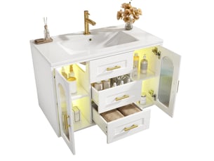 Meuble sous vasque mural led avec 2 tiroirs et 2 portes, étagères réglables, pour salle de bain, blanc, 76 × 46 × 55 cm