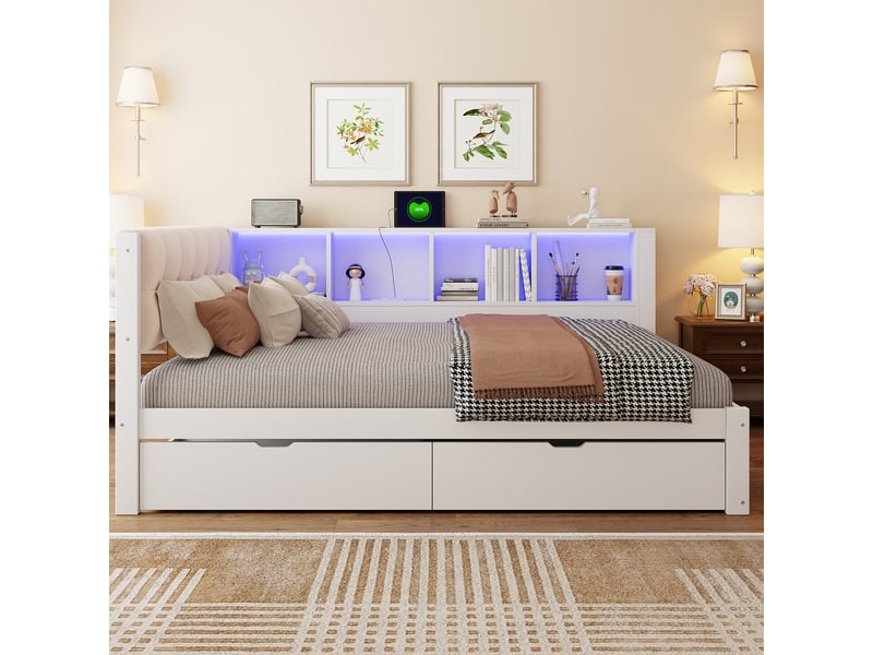  Lit de jour 140x200 en pin massif avec tiroirs, étagères et led  - Conforama B
