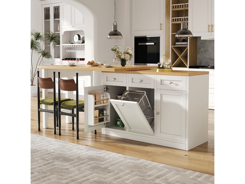  Table bar extensible avec rangement tiroir et porte-snacks support poubelle escamotable design gain de place pour petite cuisine blanc  - Conforama D
