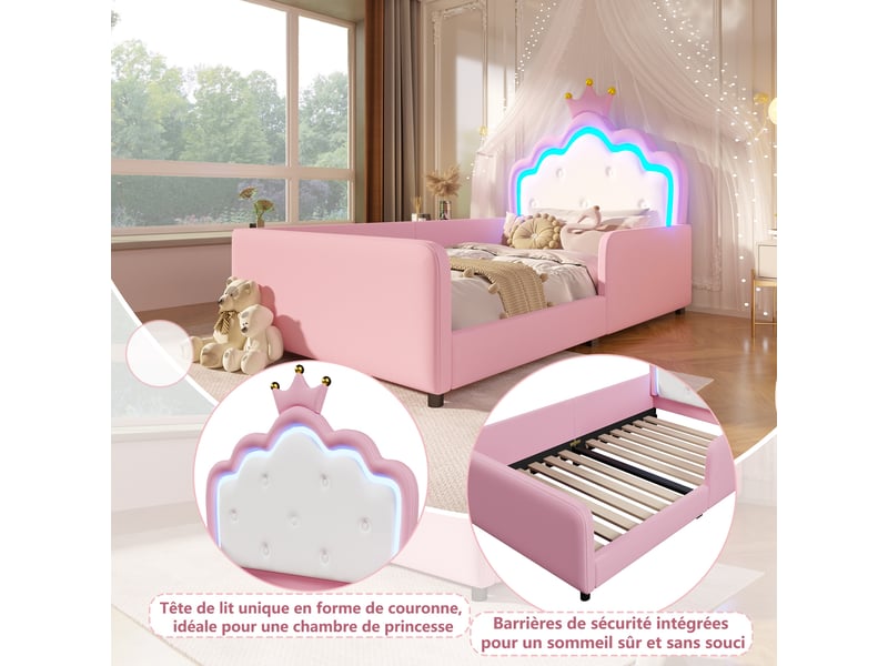  Lit enfant princesse 90 x 190 cm rose en pu avec tête de lit couronne capitonnée, led et barrières latérales rembourrées  - Conforama D