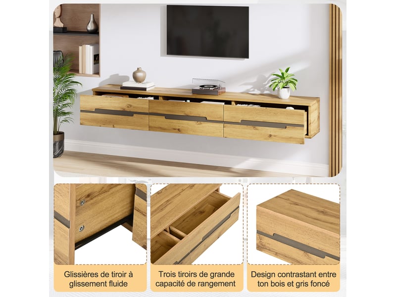  Meuble tv mural suspendu 160x30x25,5 cm, 3 tiroirs, charge 60 kg, mdf, panneau de particules naturel  - Conforama D