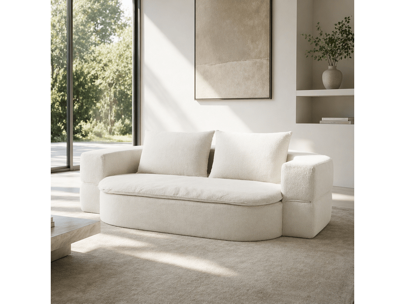 Canapé convertible 2 places avec fonction couchage, mousse à mémoire de forme et housse amovible en tissu blanc cassé - Conforama B