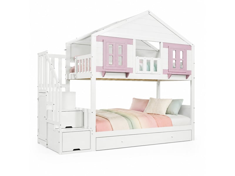  Lit superposé lit simple, coffre, 3 tiroirs, lit gigogne et penderie 200×90 cm, sans matelas, en bois, blanc  - Conforama A