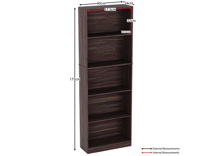 Cambridge bibliothèque extra large 5 niveaux, étagère de rangement, h175 x l60 x p24 cm, noyer 333625 - Conforama C