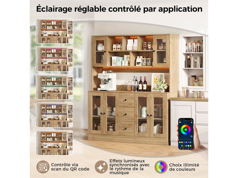  Meuble de cuisine muvano, buffet haut avec éclairage led et 6 portes en acrylique  - Conforama R