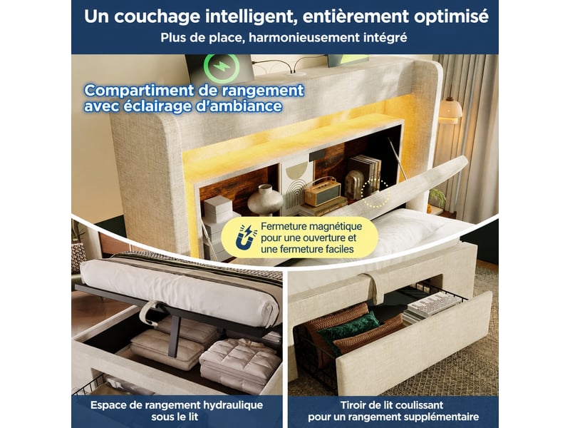  Lit beige 90 x 200 cm avec coffre hydraulique, led, usb-c et tête de lit  - Conforama E