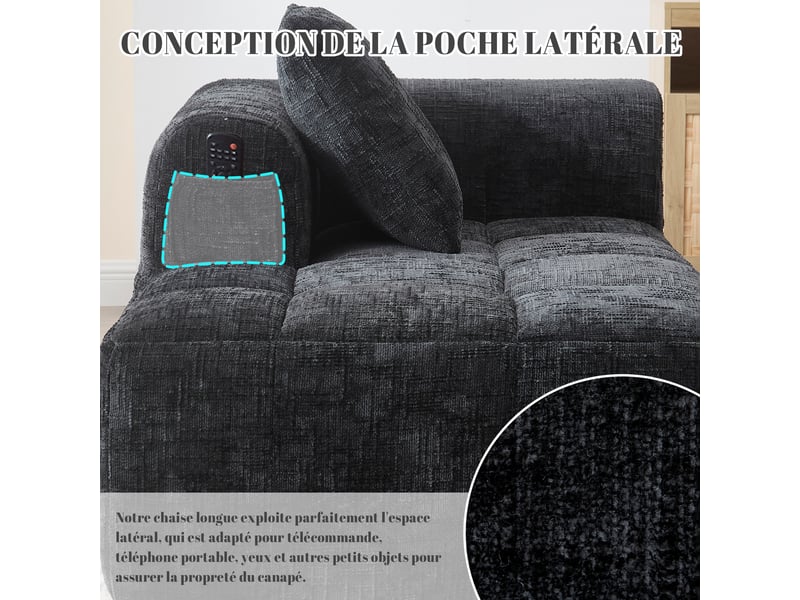 Canapé tissu en chenille douce avec coussin,canapé avec poches latérales,canapé modulable,design moderne noir 158x90x60cm - Conforama R