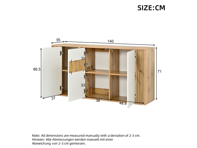  Buffet bas 140x35x71 cm, 3 portes, mdf laqué blanc et bois naturel, design simple, meuble de rangement salon et cuisine  - Conforama C