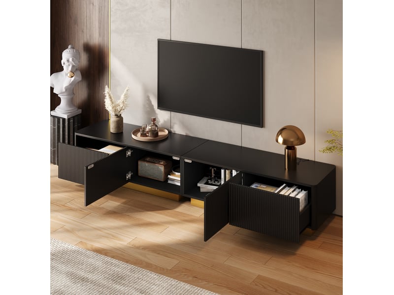  Meuble tv 200x40x35 cm avec 2 tiroirs et 2 portes coloris noir  - Conforama D