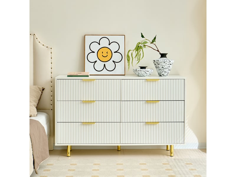  Commode 6 tiroirs, l120x p40xh72 cm, buffet design moderne pour chambre et salon, mdf avec pieds en métal, blanc et or  - Conforama W