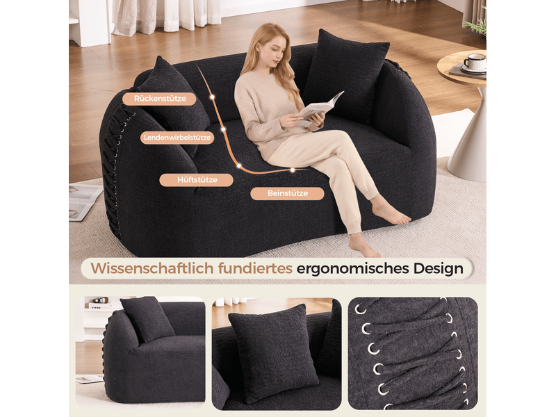  Canapé modulaire 2 places courbe 155x90 cm – noir – chenille, 2 coussins, livré compressé sans montage  - Conforama D