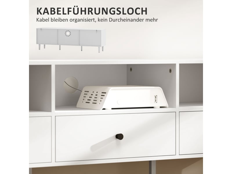  Meuble tv 140 cm blanc - tiroirs et espaces ouverts, idéal grand écran, meuble salon moderne  - Conforama E