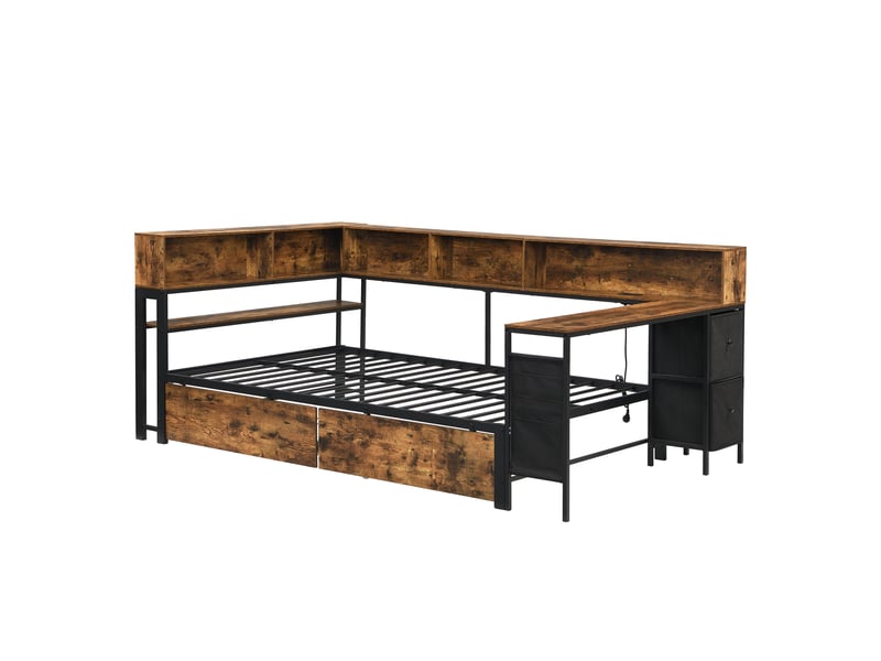  Lit adulte 120 x 200cm, tête et pied de lit en bois, lattes en métal, rangements et 2 tiroirs, structure de lit charge 120kg  - Conforama A