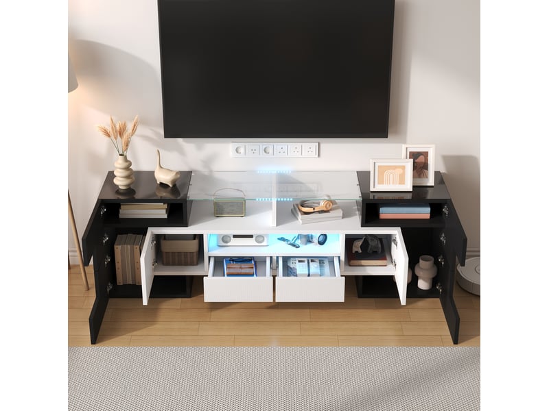  Meuble tv bas 145 x 30 x 51 cm, led multicolore, mdf blanc brillant  - Conforama D