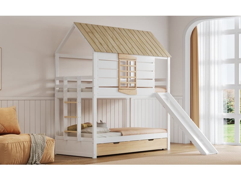 Lit superposé enfant 90x200 avec toboggan et lit gigogne en forme de maison, mdf, bois, blanc et naturel sans matelas - Conforama B