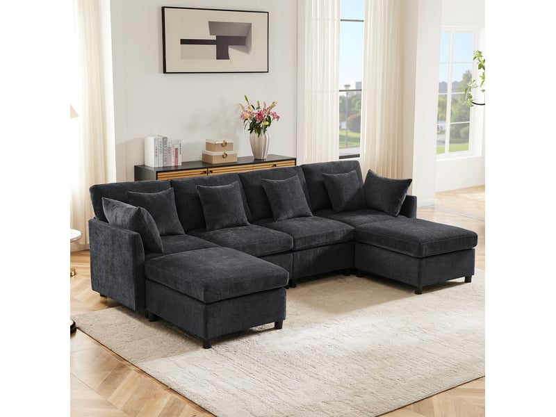  Canapé modulable modenvie en chenille gris 278 x 161 cm avec 2 poufs et 6 coussins  - Conforama D