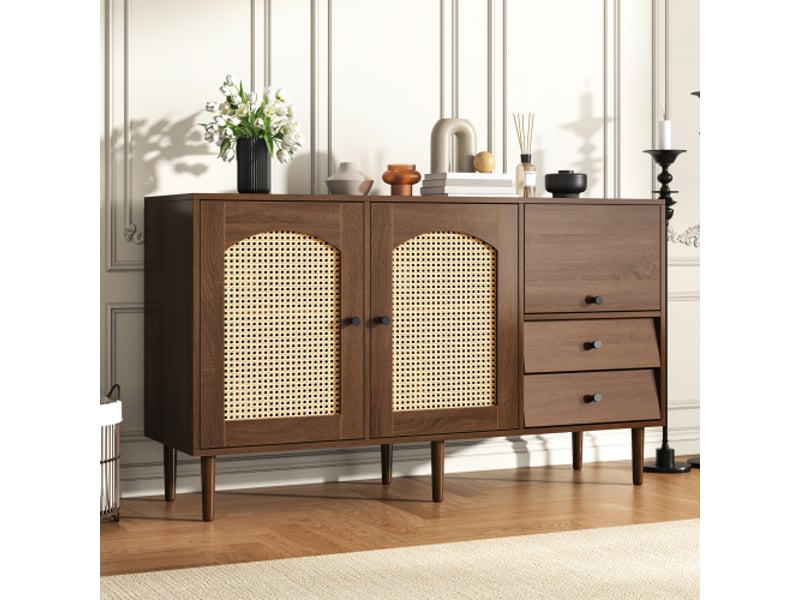 Buffet style campagne avec portes en rotin, 130 x 75,5 x 40 cm, étagères réglables, fermeture magnétique  - Conforama B