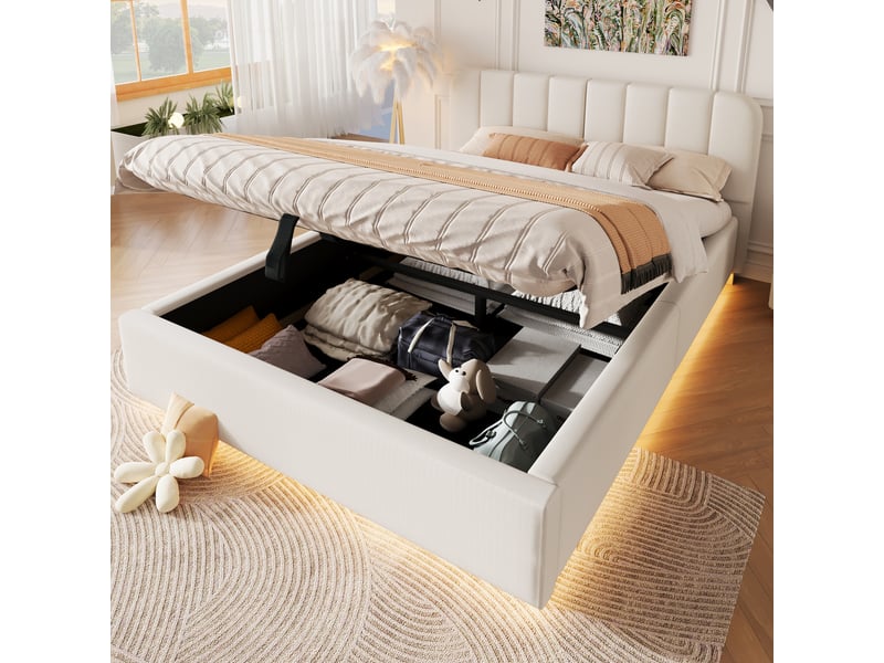 Lit coffre 140x200 cm beige, tissu chenille, sommier relevable hydraulique, led contrôlée par appli, sommier à lattes inclus - Conforama B
