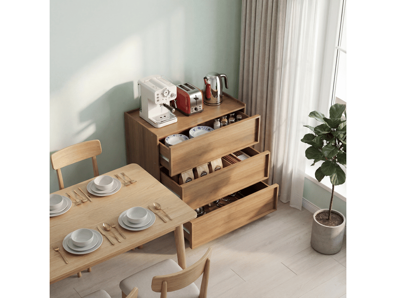  Commode 80x48x78 cm, meuble de chambre, 3 tiroirs, pour salon, chambre, mdf et panneau de particules, couleur chêne  - Conforama D