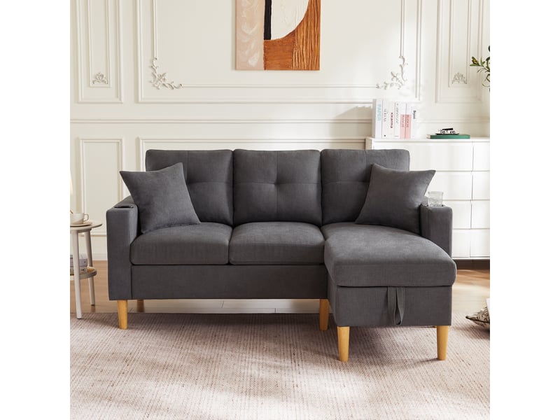 Canapé d’angle réversible 3 places 175x129 cm avec méridienne, coffre de rangement, porte-gobelets, 2 coussins - gris foncé - Conforama C