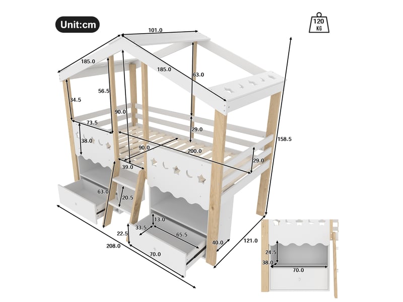 Lit cabane blanc et naturel 90×200 cm en pin, avec deux tiroirs, éclairage led, échelle et rangements ouverts - Conforama C