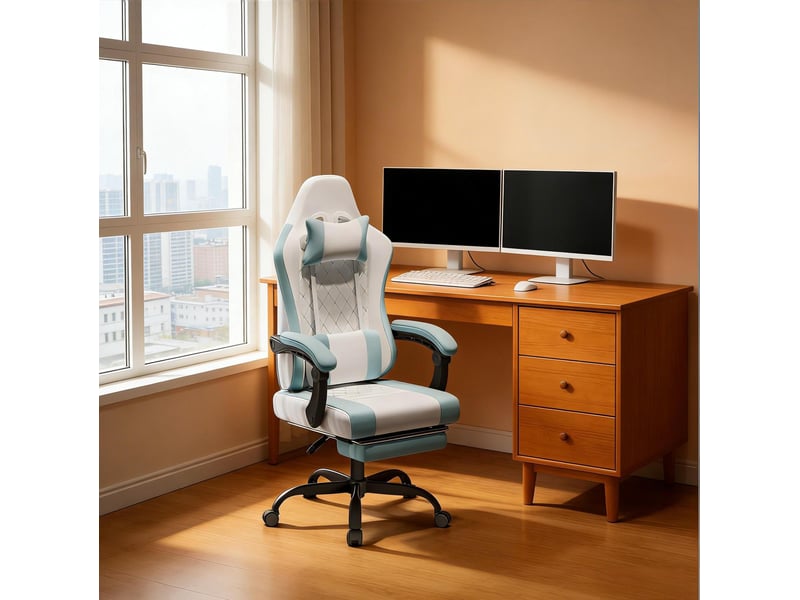 Chaise de bureau gaming ergonomique bleu et blanc avec massage usb, repose-pieds et dossier inclinable 90° à 145° - Conforama B