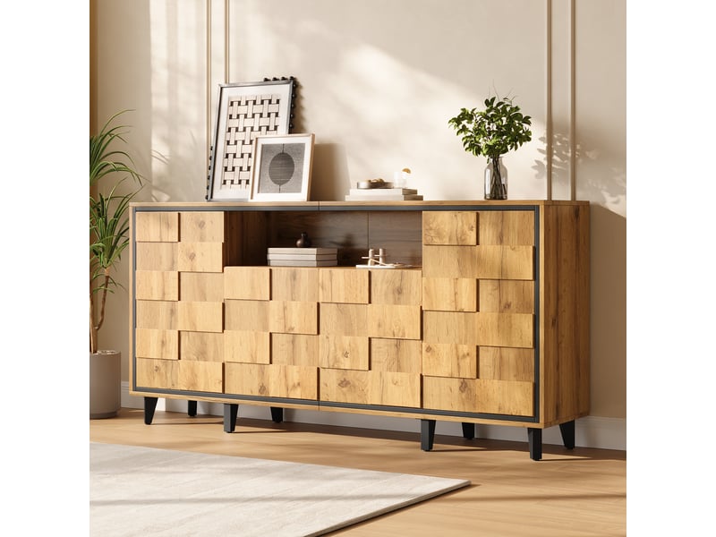  Buffet à 4 portes avec façade 3d structurée et niche ouverte, meuble de rangement sans poignées pour salon, salle à manger ou entrée, bois et noir Seren Glow - Conforama D