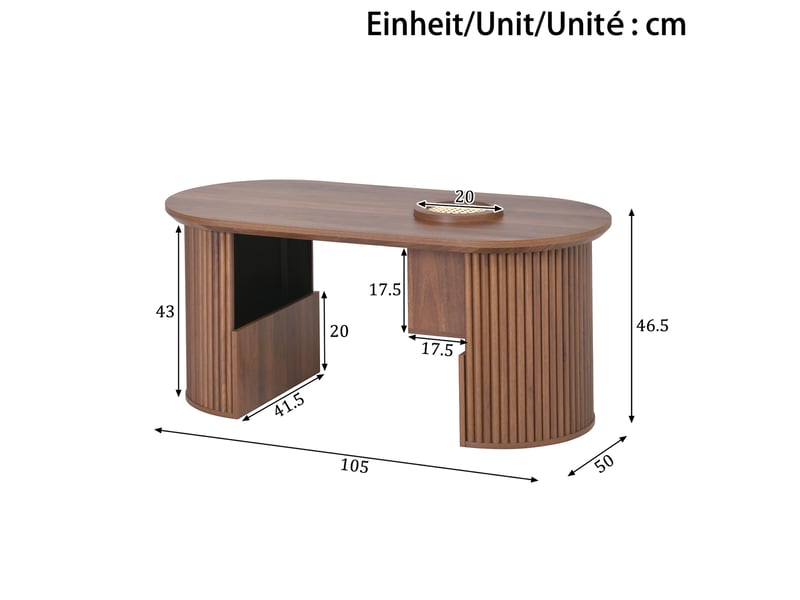 Table basse ovale avec niches et rangements ouverts, finition noyer texturée, pour salon, en mdf, 105 × 50 × 46,5 cm - Conforama E