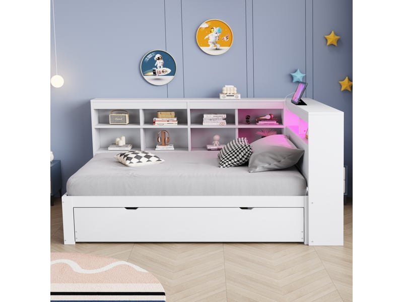 Lit banquette enfant 90 x 200 cm avec lit gigogne 90 x 190 cm, led, usb et rangements, bois, blanc Fay Lum - Conforama D