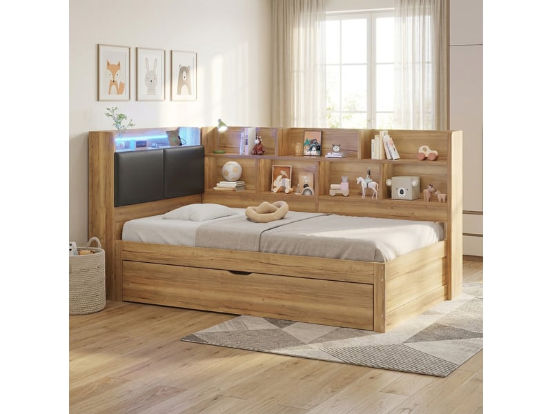  Lit enfant gigogne 90x200cm avec rangements, lit banquette  avec led connectée, lit gigogne avec étagères de chevet réversibles, naturel  - Conforama C
