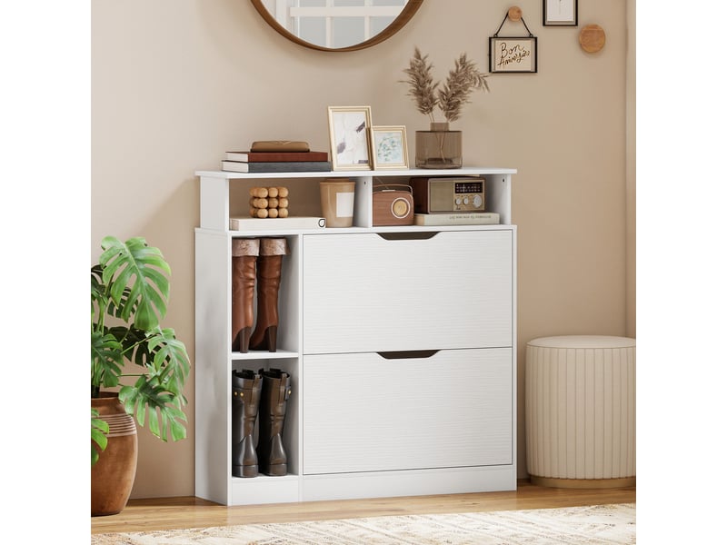 Meuble à chaussures, armoire à chaussures, 2 tiroirs rabattables, compartiments ouverts et étagère réglable, blanc - Conforama C