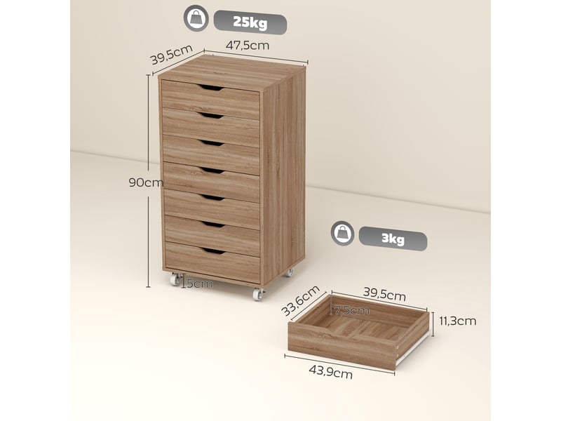  Caisson de bureau à roulette meuble rangement bureau avec 7 tiroirs organisateur pour documents, format a4 ou lettres  - Conforama E
