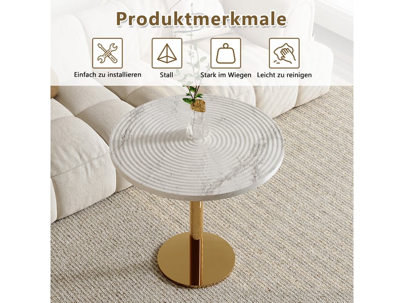  Table de salle à manger ronde 2 à 4 places - lpospi - plateau à motif cernes, mdf et métal doré blanc 80 cm  - Conforama E