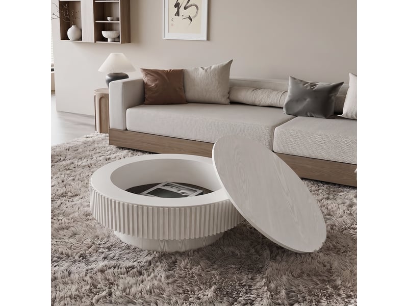  Table basse ronde avec coffre et décor cannelé blanc rétro 75 × 75 × 35 cm IKSETERA TRADING LTD - Conforama D