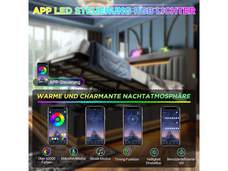  Lit coffre, lit enfant 90x200 cm, rangement hydraulique, tête de lit avec rangement, led tête et pied, lin gris, matelas inclus  - Conforama R