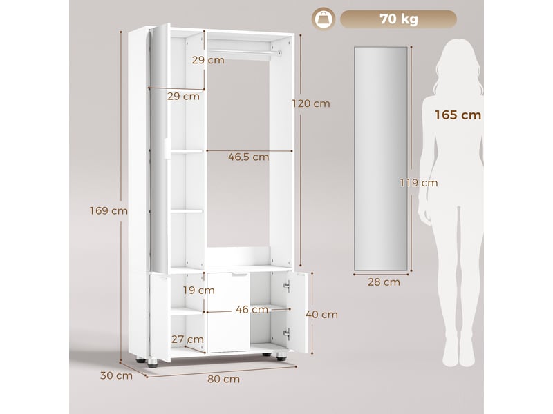  Armoire penderie avec miroir et étagères blanc 80 x 30 x 169 cm  - Conforama C