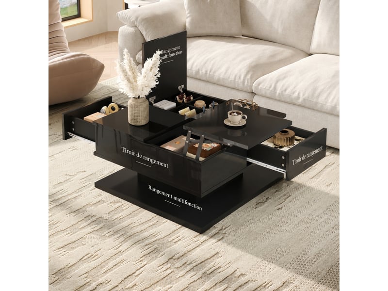  Table basse relevable noire brillante avec led intégrées et rangement, 72 x 72 x 35 cm  - Conforama D