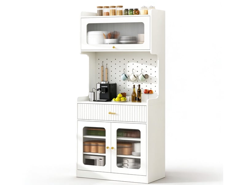  Buffet cuisine 3 portes vitrées et 1 tiroir, 80 x 40 x 180 cm, éclairage led, panneau perforé et étagères réglables, mdf, blanc Morn Vibe - Conforama A