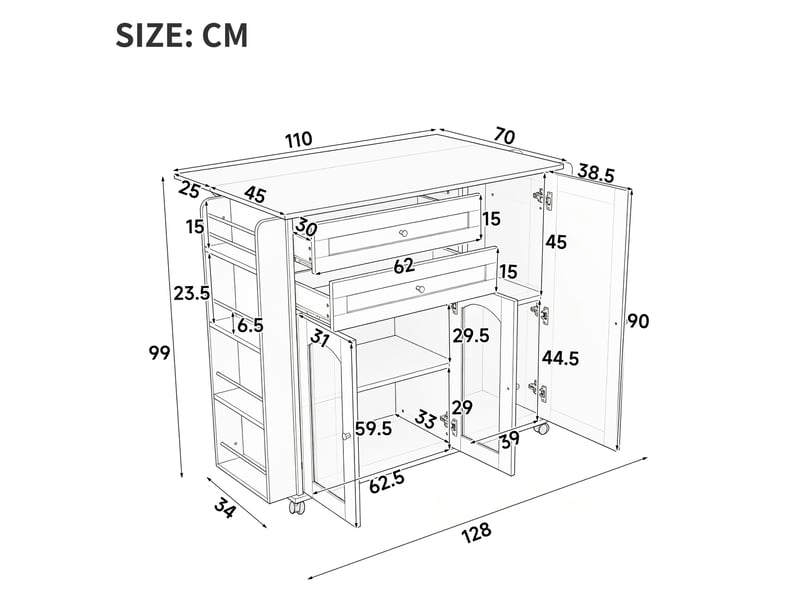  Îlot de cuisine - 2 tiroirs - rangements intégrés - portes vitrées - plateau rabattable - sur roulettes - meuble de cuisine - blanc CozyNest - Conforama E
