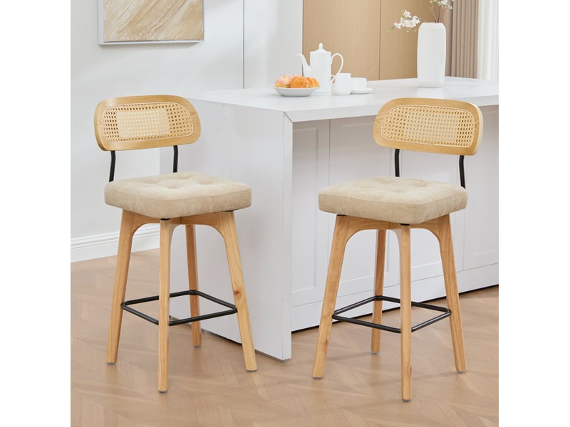 Lot de 2 tabourets de bar pivotants à 360° avec dossier en rotin et repose-pieds, en chenille kaki  - Conforama B