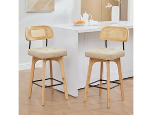 Lot de 2 tabourets de bar pivotants à 360° avec dossier en rotin et repose-pieds, en chenille kaki