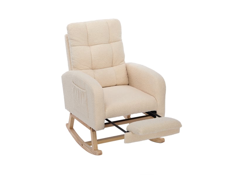  Fauteuil à bascule 132 x 50 x 99 cm beige en tissu bouclé, repose-pieds coulissant et poche latérale  - Conforama D
