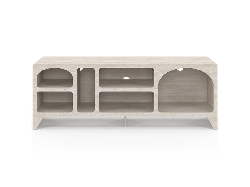  Meuble tv 140 cm organique alesia 6 niches bois effet travertin  - Conforama C