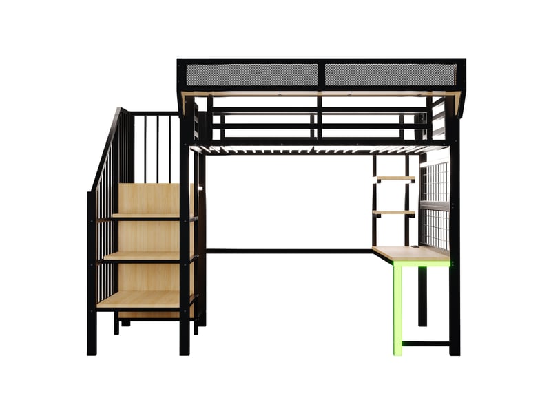 Lit mezzanine 90x200 cm, lit enfant, led, bureau, rangement, charge, échelle, garde-corps, métal+mdf, noir sans matelas - Conforama E