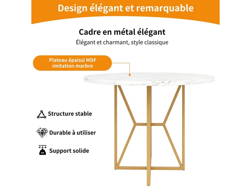  Table de salle à manger 80x80, design luxueux table à manger, plateau laqué brillant, pieds dorés, hauteur réglable  - Conforama E